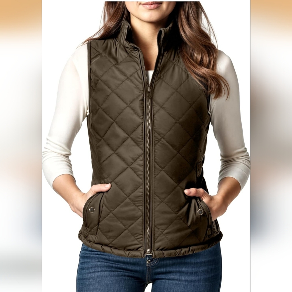 NWT NY Threads Puffer Vest Slim Fit Lightweight Stand Collar Quilted Zip Green